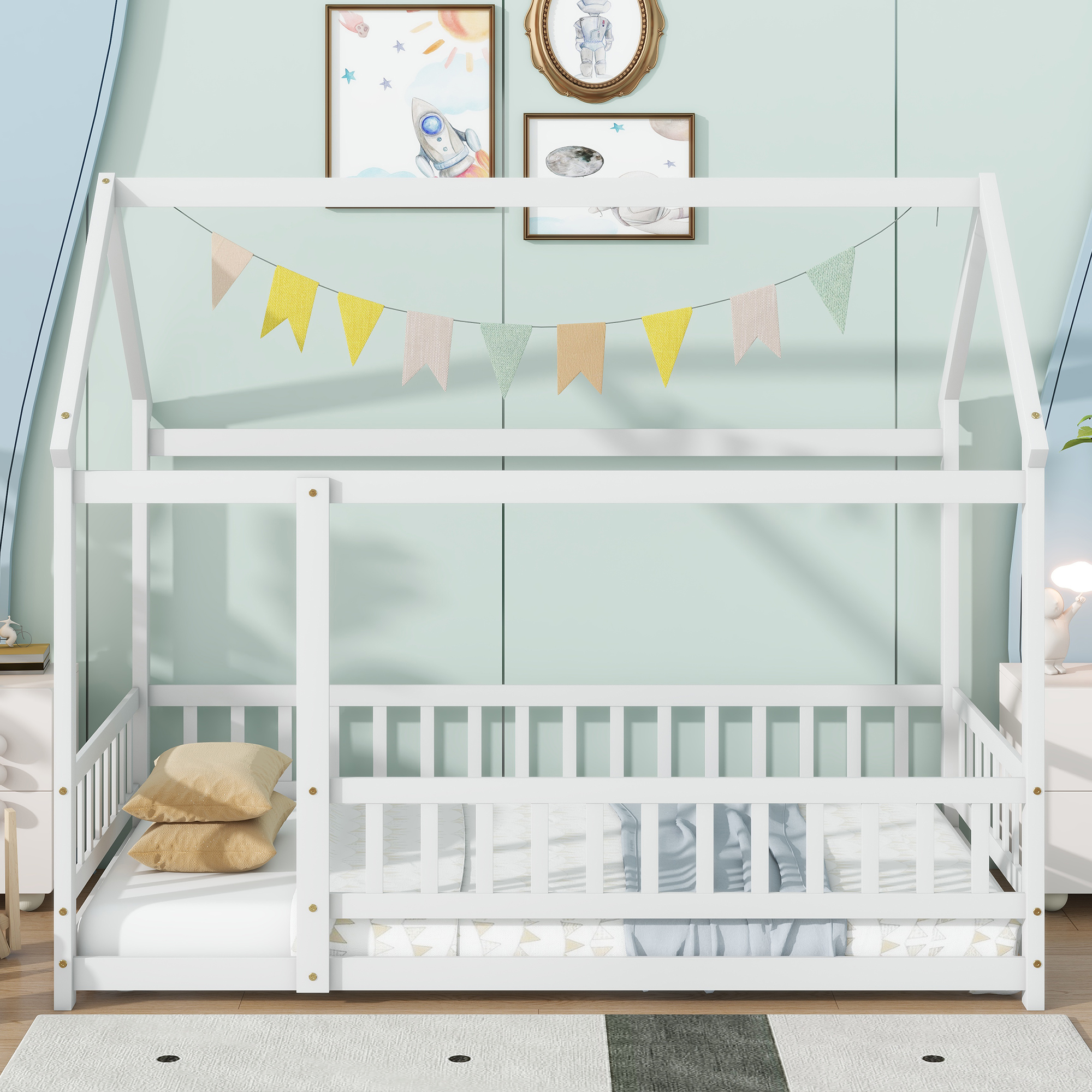 Twin Size House Floor Wooden Bed With Roof Frame, Safety Guardrails