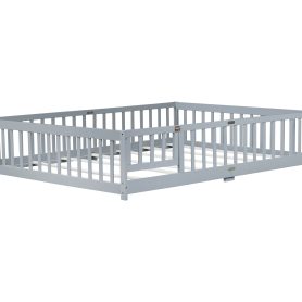 Rubber Wood Queen Size Floor Bed with Fence, Door and Safety Guardrails