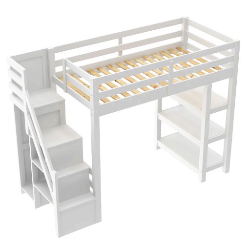 Twin Size Loft Bed with Shelves, Storage Staircase, Wardrobe and LED Light