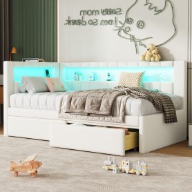 Upholstered Twin Size Platform Bed with USB Ports, 2 Drawers and LED Belt