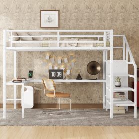Metal Full Size Loft Bed With L-Shaped Desk, USB, Wardrobe And Adjustable Shelf
