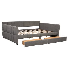 Queen Size Upholstered Platform Bed with USB and 2 Drawers