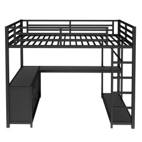 Queen Size Loft Bed with Wardrobe, L-shaped Desk, Storage Cubes and Shelves