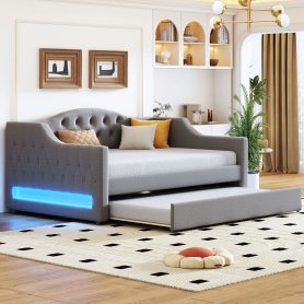 Upholstered Full XL Size Daybed with LED Belt and Trundle