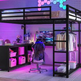 Queen Size Loft Bed with Wardrobe, L-shaped Desk, Storage Cubes and Shelves