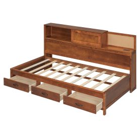 Wooden Twin Size Daybed with 3 Storage Drawers, Upper Soft Board, Shelf, and a Set of Sockets and USB Ports
