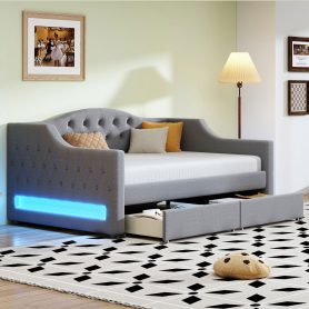 Upholstered Twin XL Size Daybed with LED Belt and 2 Drawers
