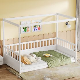 Twin Size Canopy Bed Frame With Guardrails For Kids