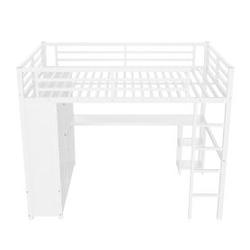 Metal Queen Size Loft Bed Frame With Built-in Wardrobe, Desk And Storage Shelves