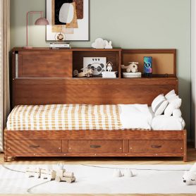 Wooden Twin Size Daybed with 3 Storage Drawers, Upper Soft Board, Shelf, and a Set of Sockets and USB Ports
