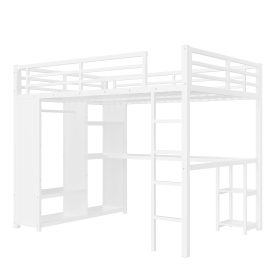 Metal Queen Size Loft Bed Frame With Built-in Wardrobe, Desk And Storage Shelves