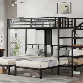 Twin XL over Twin & Twin Bunk Bed Metal Triple Bunk Bed with Desk & Shelves