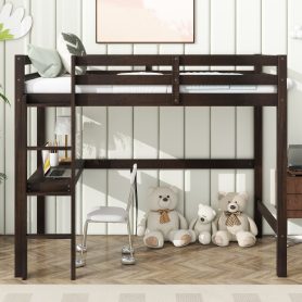 Twin Rubber Wood Loft Bed With Safety Guardrail, Built-in Desk, Ladder