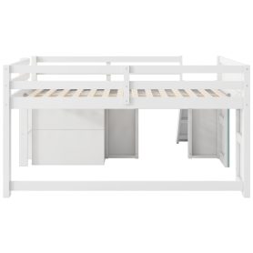 Full Size Low Loft Bed with Slide,Three Storage Drawers and Two Doors