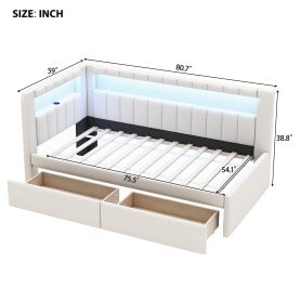 Upholstered Twin Size Platform Bed with USB Ports, 2 Drawers and LED Belt