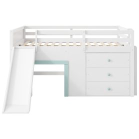 Full Size Low Loft Bed with Slide,Three Storage Drawers and Two Doors