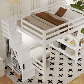 Full Size Loft Bed with Shelves, Storage Staircase, Wardrobe and LED Light