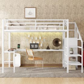Metal Full Size Loft Bed With L-Shaped Desk, USB, Wardrobe And Adjustable Shelf
