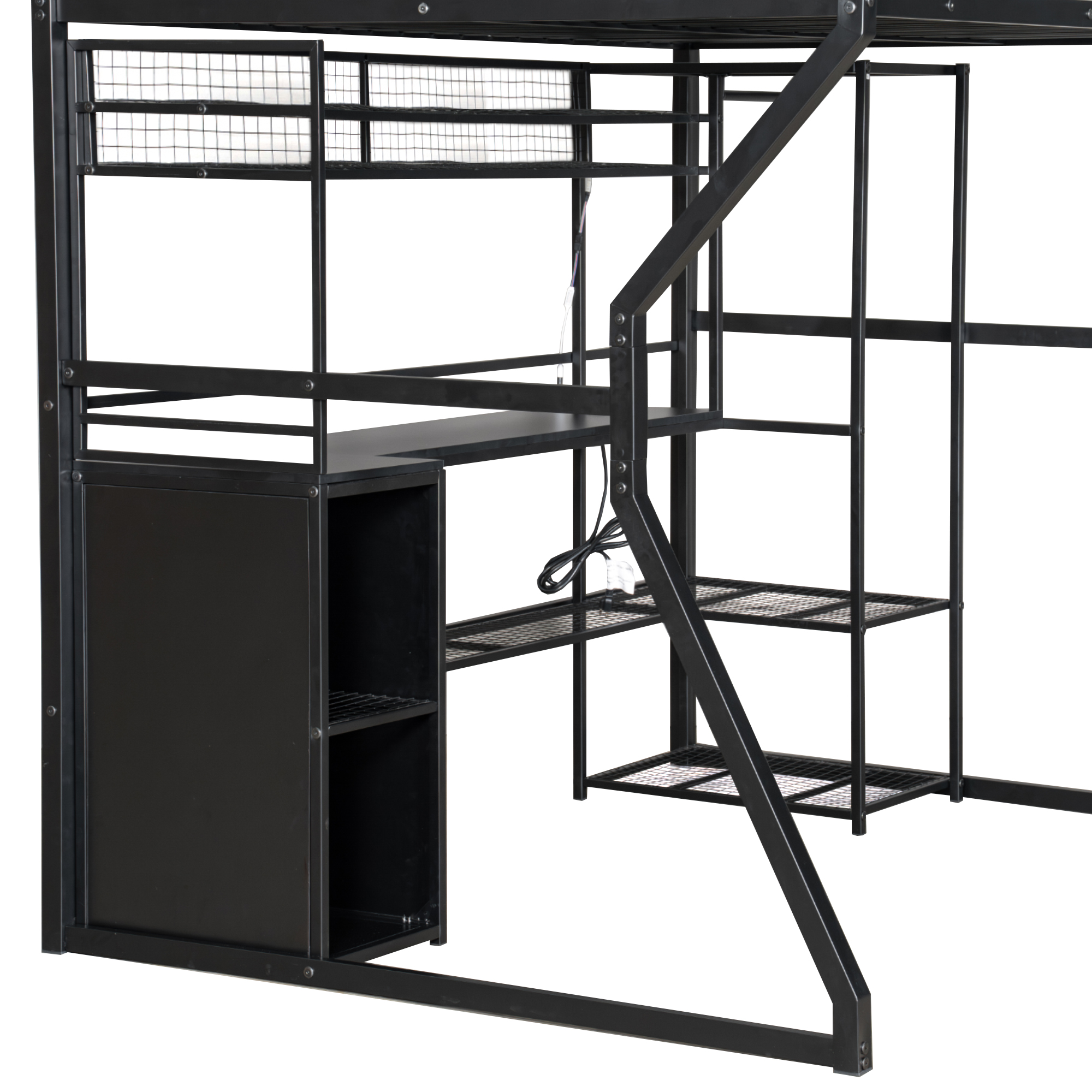 Full Size Metal Gaming Loft Bed with Built-in Work Station, Open Wardrobe, LED and Multiple Storage 12 Full Size Metal Gaming Loft Bed with Built-in Work Station, Open Wardrobe, LED and Multiple Storage