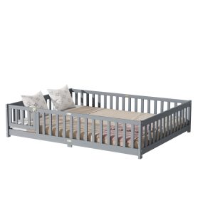 Rubber Wood Queen Size Floor Bed with Fence, Door and Safety Guardrails