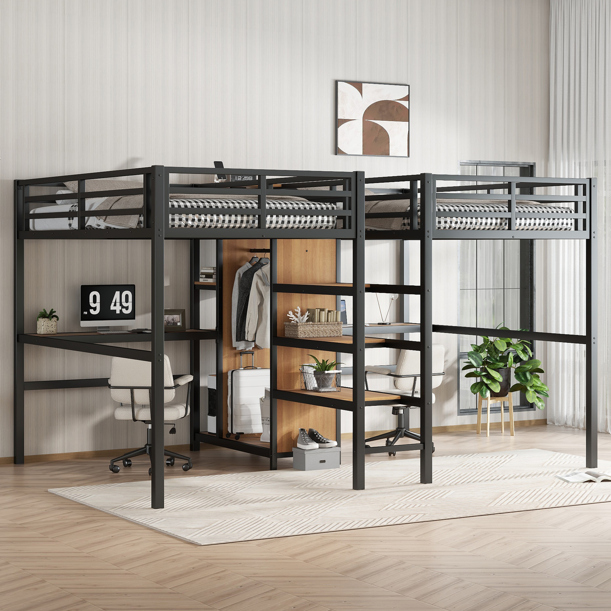 Twin Over Twin Metal Loft Bed with Double Desk, Wardrobe, Shelves and Electrical Outlet