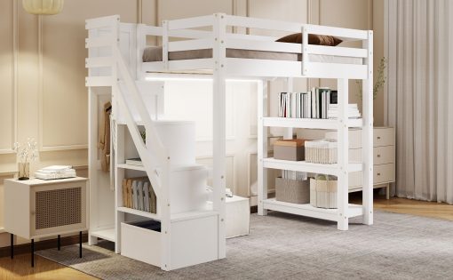 Twin Size Loft Bed with Shelves, Storage Staircase, Wardrobe and LED Light