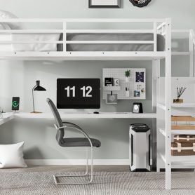 Metal Queen Size High Loft Bed with L-shaped Desk, USB, Wardrobe and Adjustable Shelf