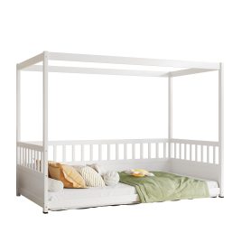 Twin Size Canopy Bed Frame With Guardrails For Kids