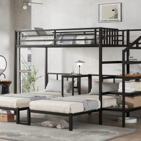 Twin XL over Twin & Twin Bunk Bed Metal Triple Bunk Bed with Desk & Shelves