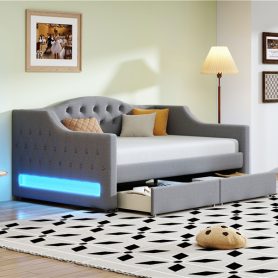 Upholstered Twin XL Size Daybed with LED Belt and 2 Drawers