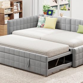 Full Size L-Shaped Upholstered Daybed with Twin Size Pop Up Trundle and USB ports