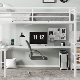 Metal Queen Size High Loft Bed with L-shaped Desk, USB, Wardrobe and Adjustable Shelf