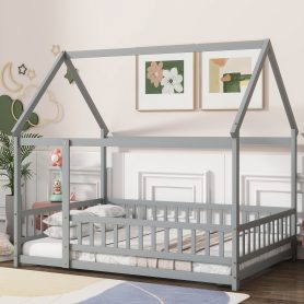 Full Size House Floor Wooden Bed With Roof Frame, Safety Guardrails