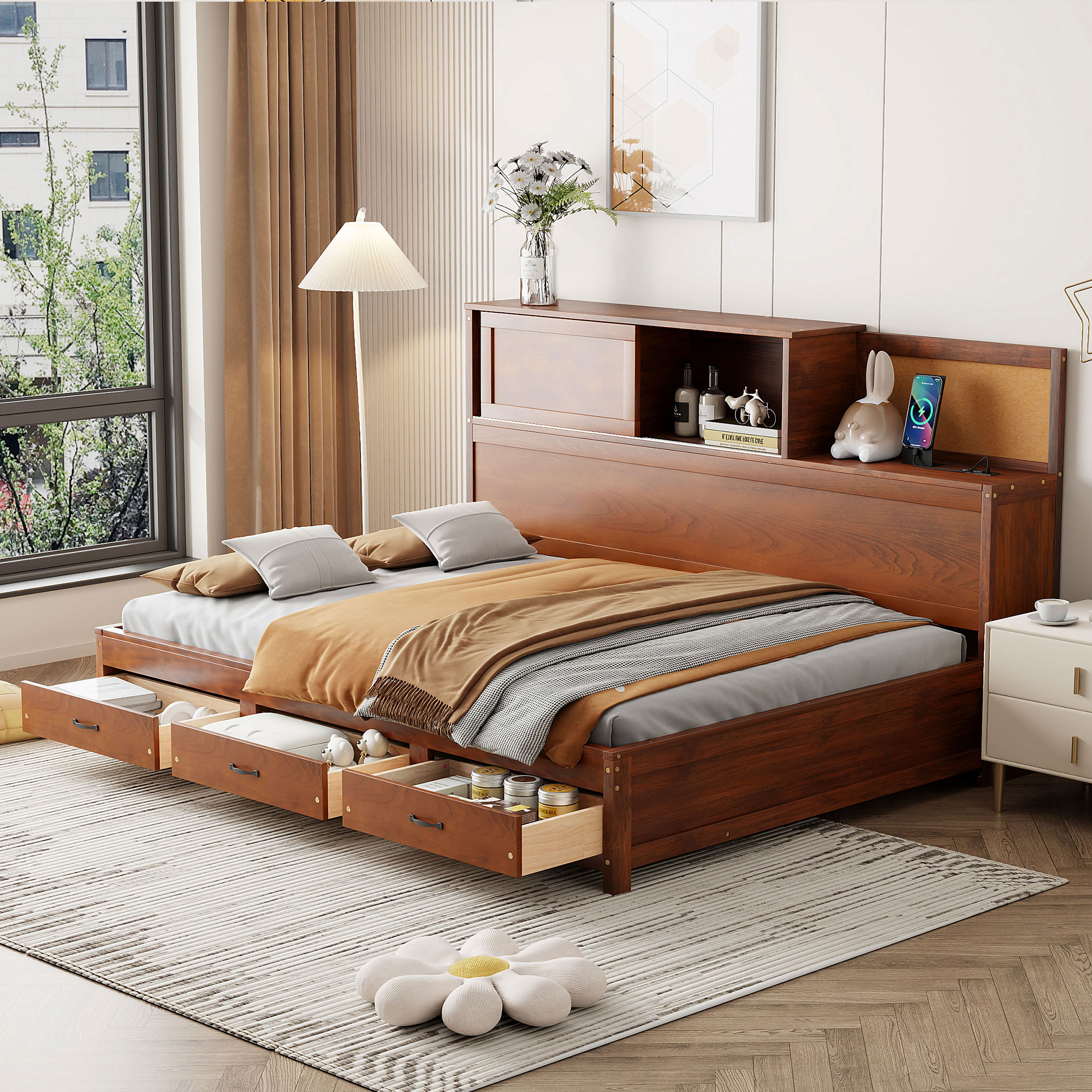 Full Size Wooden Daybed With 3 Storage Drawers, Upper Soft Board, Shelf, And A Set Of Sockets And USB Ports