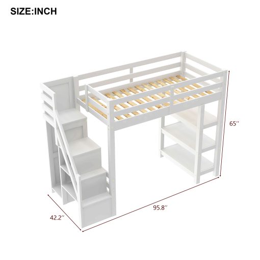 Twin Size Loft Bed with Shelves, Storage Staircase, Wardrobe and LED Light