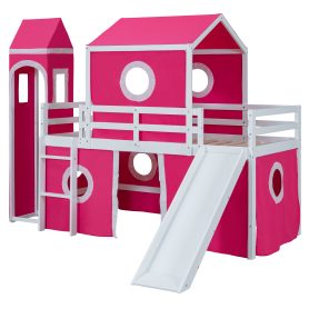 Twin Size Loft Bed with Slide Pink Tent and Tower