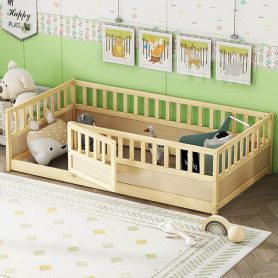 Twin Size Floor Bed, Integral Construction With Super High Security Barrier, Door