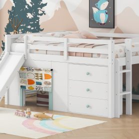 Full Size Low Loft Bed with Slide,Three Storage Drawers and Two Doors