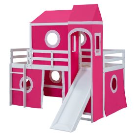 Twin Size Loft Bed with Slide Pink Tent and Tower