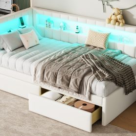 Upholstered Twin Size Platform Bed with USB Ports, 2 Drawers and LED Belt