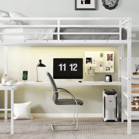 Metal Queen Size High Loft Bed with L-shaped Desk, USB, Wardrobe and Adjustable Shelf