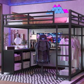 Full Size Loft Bed with Wardrobe, L-shaped Desk, Storage Cubes and Shelves