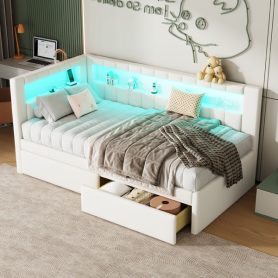 Upholstered Twin Size Platform Bed with USB Ports, 2 Drawers and LED Belt