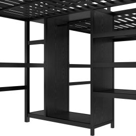 Twin Over Twin Metal Loft Bed with Double Desk, Wardrobe, Shelves and Electrical Outlet