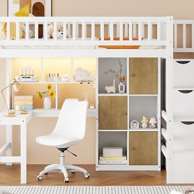 Wood Twin Size Loft Bed with Built-in Desk, LED, Storage Shelves, Cabinets and Staircase 32 Wood Twin Size Loft Bed with Built-in Desk, LED, Storage Shelves, Cabinets and Staircase