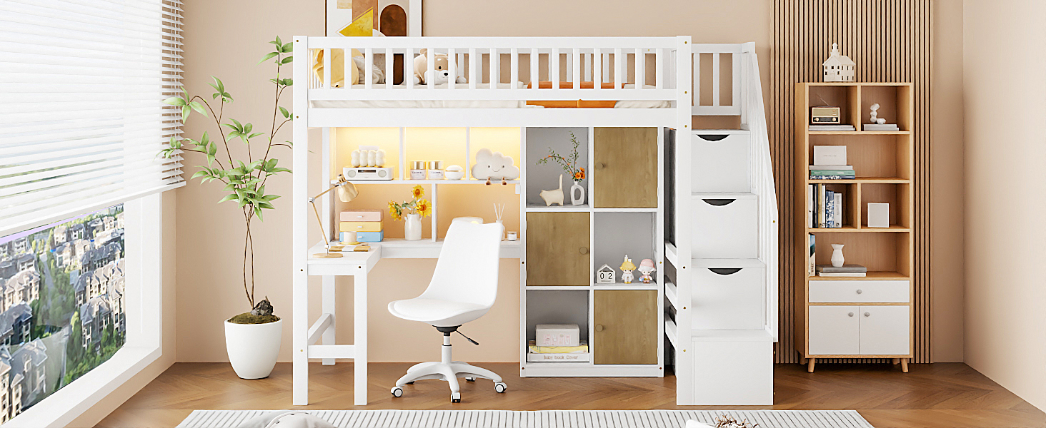 Wood Twin Size Loft Bed with Built-in Desk, LED, Storage Shelves, Cabinets and Staircase 10 Wood Twin Size Loft Bed with Built-in Desk, LED, Storage Shelves, Cabinets and Staircase