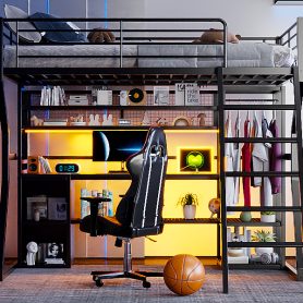 Full Size Metal Gaming Loft Bed with Built-in Work Station, Open Wardrobe, LED and Multiple Storage 40 Full Size Metal Gaming Loft Bed with Built-in Work Station, Open Wardrobe, LED and Multiple Storage