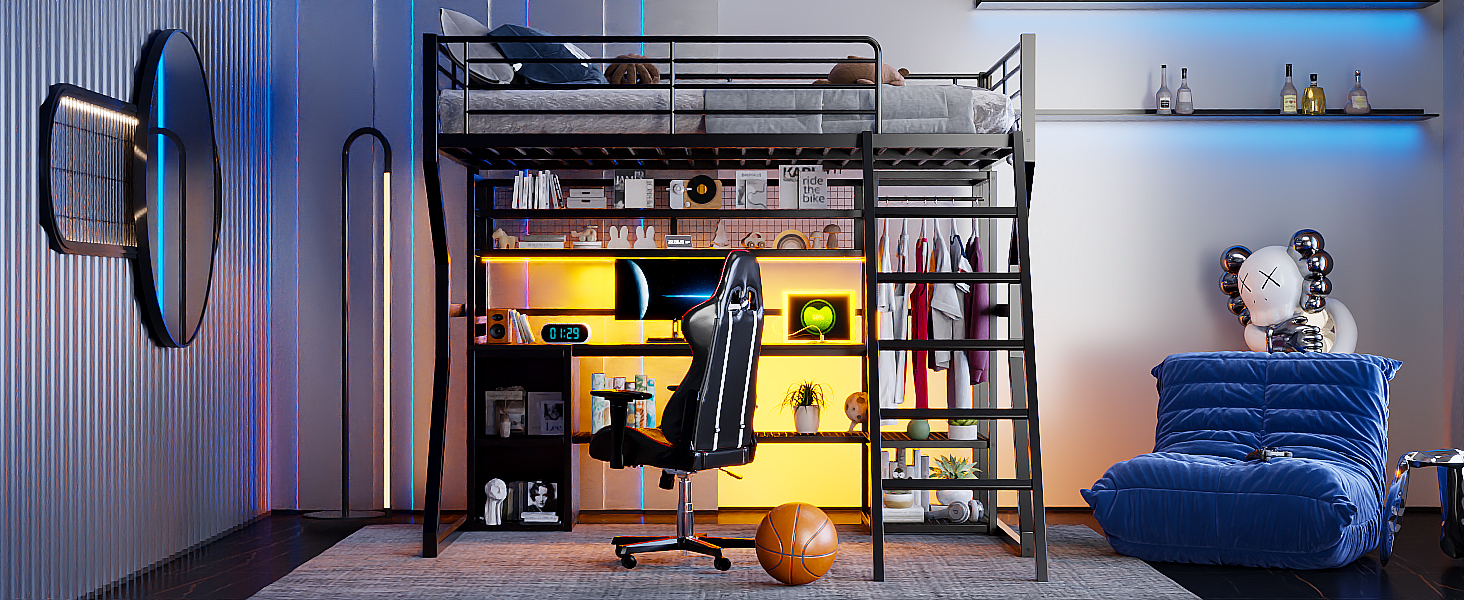 Full Size Metal Gaming Loft Bed with Built-in Work Station, Open Wardrobe, LED and Multiple Storage 21 Full Size Metal Gaming Loft Bed with Built-in Work Station, Open Wardrobe, LED and Multiple Storage