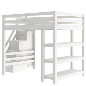 Full Size Loft Bed with Shelves, Storage Staircase, Wardrobe and LED Light