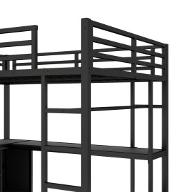 Full Size Loft Bed with Wardrobe, L-shaped Desk, Storage Cubes and Shelves